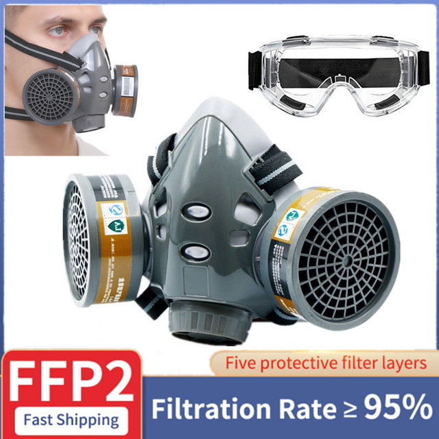 Karocola Atemschutzmasken-Set mit Dual-Kohlefiltern und Antibeschlagbrille in Grau für Malerei und chemische Industrie - Bild 1