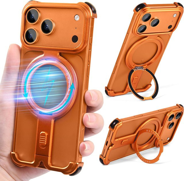 Oatsbasf Rahmenlose Metall-Handyhülle für iPhone 17 Pro Max und iPhone 17 Pro mit 360 Grad Schutz, drehbarem Ständer und magnetischem Design in Orange - Bild 1