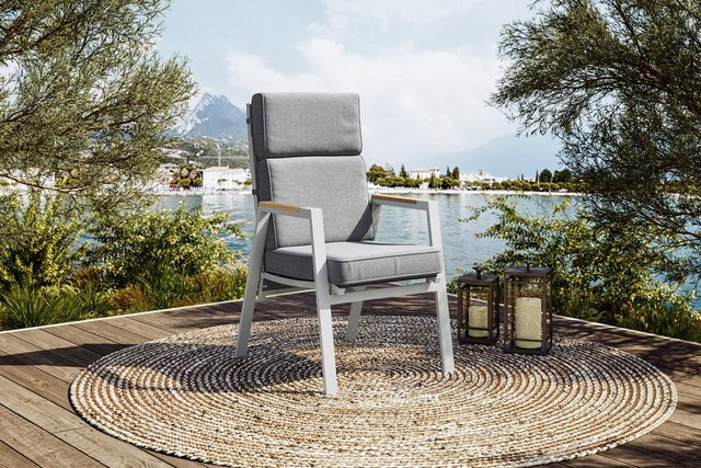 OUTFLEXX Sessel aus Aluminium und Teak mit Textilene-Bezug in Grau, wetterfest mit abnehmbaren Kissen, B/T/H: 60 x 60 x 108 cm - Bild 1