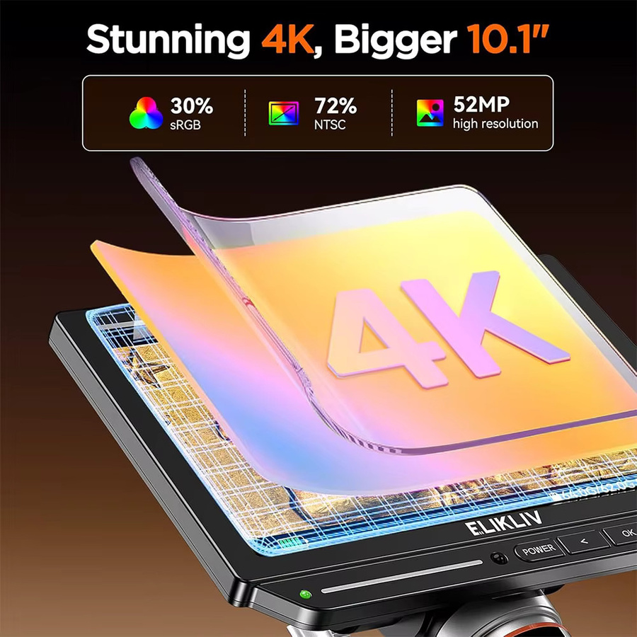 Elikliv EM4K-AF flex Digitalmikroskop mit 10.1 Zoll Autofokus und 4K HDMI für Elektronik- und Telefonreparaturen in Schwarz - Bild 4