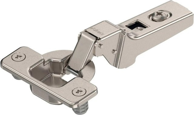 Blum Standardscharnier Clip 100 Grad 9,5 mm Gekröpft mit Feder zum Einpressen in Nickeloptik/Silber - Bild 1