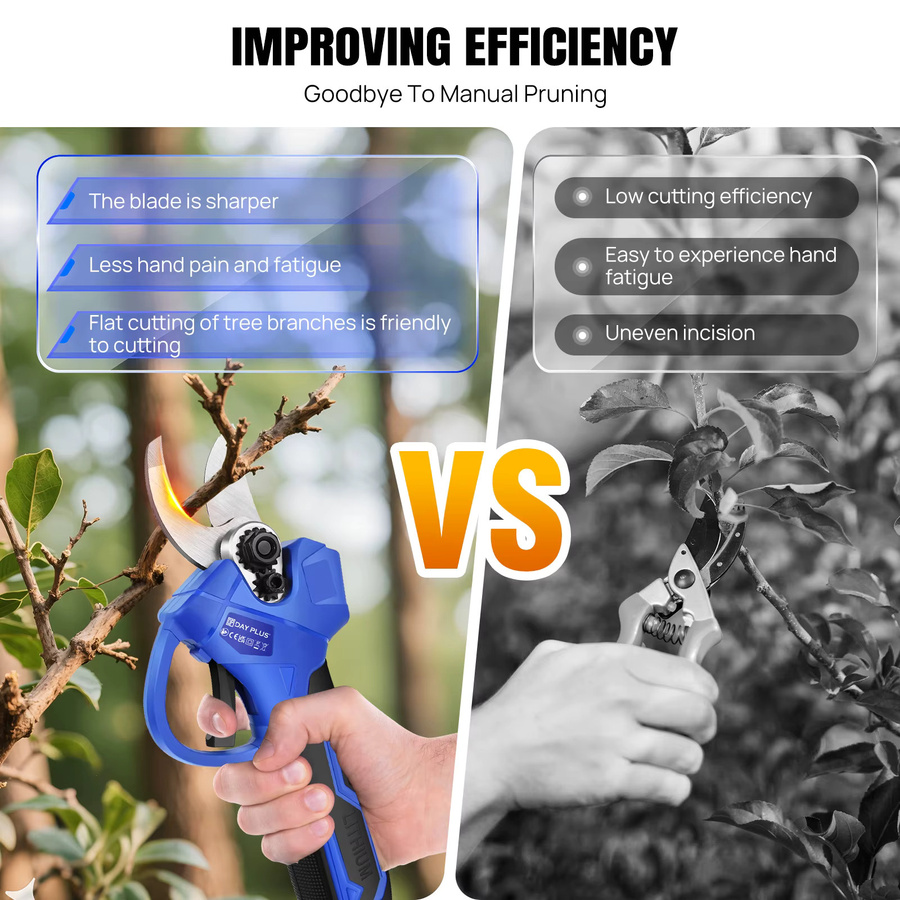 Professionelle bürstenlose Akku-Gartenschere in Blau mit 2 Lithium-Batterien zum Schneiden und Trimmen von Ästen in Obstgärten und Weinbergen - Bild 4