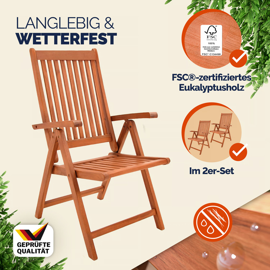 Casaria 2er-Set Klappstühle aus Eukalyptusholz in Braun, ergonomisch verstellbar mit 5 Positionen - Bild 2