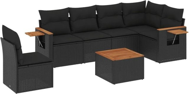 vidaXL 7-tlg Garten-Sofagarnitur aus Poly-Rattan und Akazienholz in Schwarz mit Kissen Modell 126 - Bild 1
