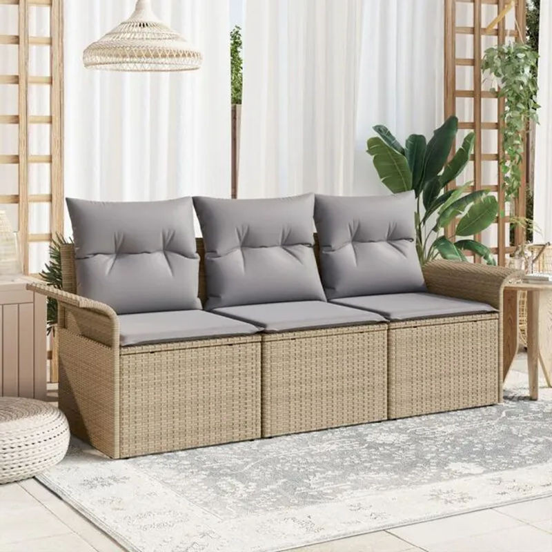vidaXL Garten-Sofa-Set aus Poly-Rattan mit Kissen und Stauraum in Beige, 3-teilig - Bild 1