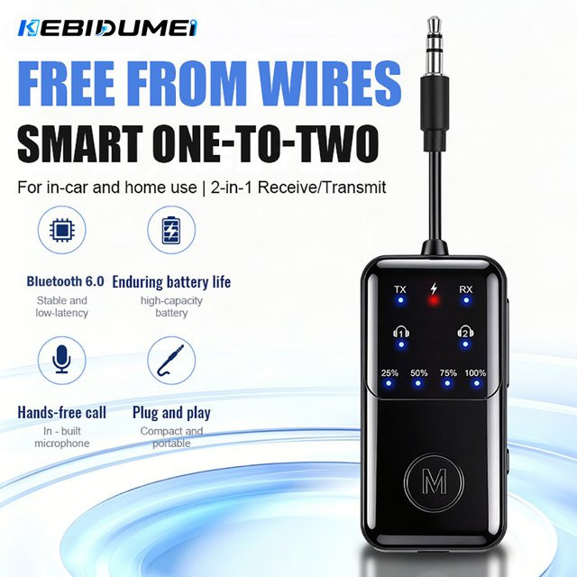 KEBIDUMEI Bluetooth 6.0 Audio-Adapter Dual RX und Dual TX in Schwarz mit 3,5mm AUX HiFi Stereo für PC und TV - Bild 1