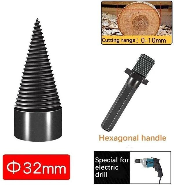 JR-Studio Holzspalter Schraube Kegel Bohrer mit abnehmbarem Hexagon Shank, Farbe: Schwarz, Durchmesser: 32 mm - Bild 1