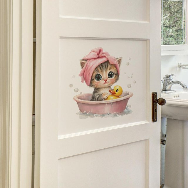 Wandaufkleber mit Cartoon Kätzchen Motiv in Beige zur Badezimmer Dekoration, B/H: 29 x 29 cm - Bild 1