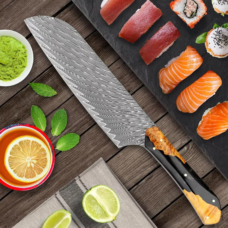 Best Chef Santokumes Messer aus Damaststahl mit schwarzem Kunstharz-Holzgriff, 7 Zoll (17,78 cm) - Bild 4