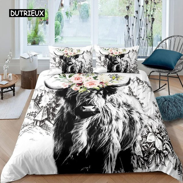 Binchi Outdoor Product Bettwäsche-Set Highland Cow mit Sonnenblumen-Motiv, Schwarz-Weiß, Mikrofaser, B/H: 210 x 210 cm - Bild 1