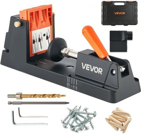 VEVOR Pocket Hole Jig Kit, verstellbares Taschenloch-System in Schwarz, 12,7 bis 38,1 mm, inklusive Staubabsaugungsadapter, abnehmbarem Führungsblock, Bohrer und Anschlagring für Holzarbeiten - Bild 1