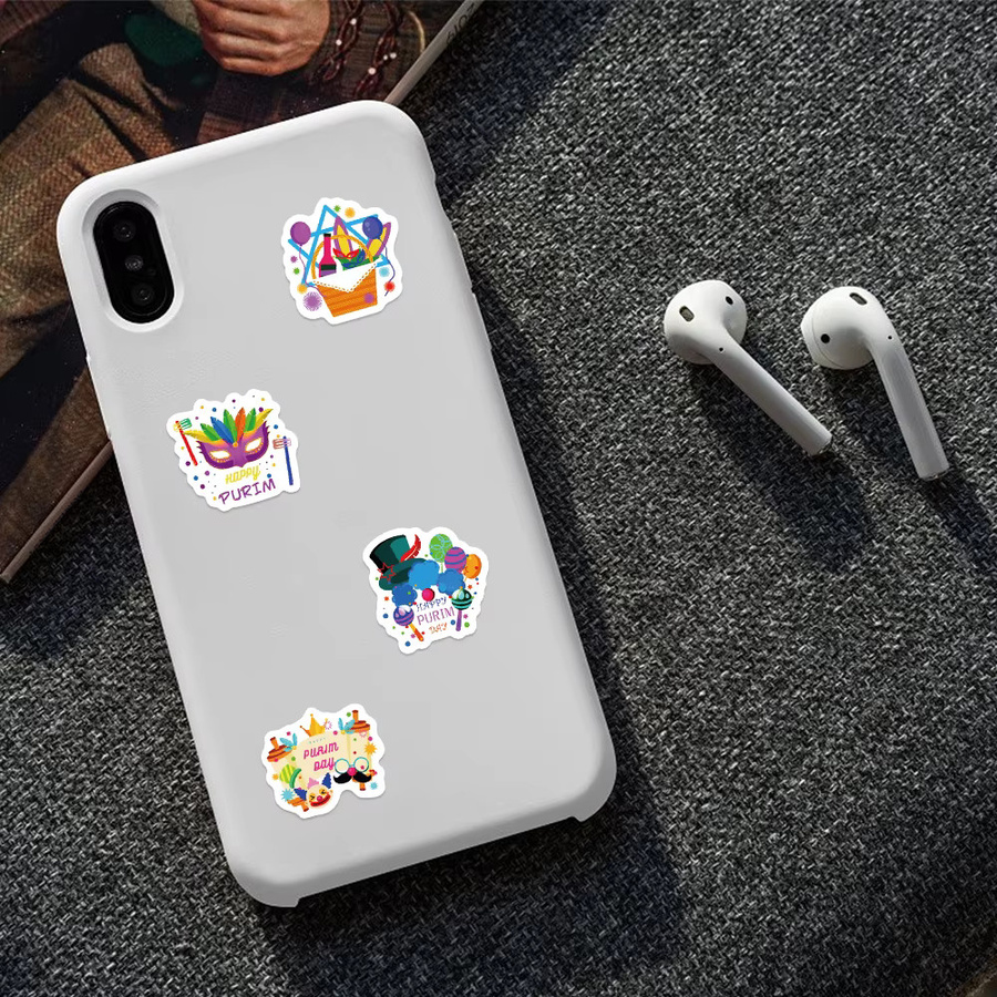 500 Stück Happy Purim Aufkleber von PickJoy in Multicolor mit Clown-Masken und Trommel-Motiven für Kinder und jüdische Feiertage - Bild 2