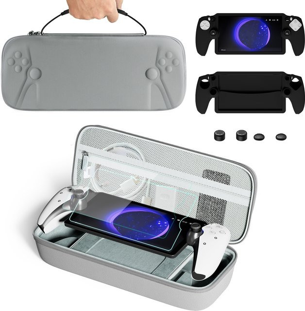 bibuks 8-in-1 Zubehör Set für PlayStation Portal in Pink und Grau mit Tragetasche, Silikon-Schutzhülle, 2 Displayschutzfolien und 4 Daumengriffen - Bild 1