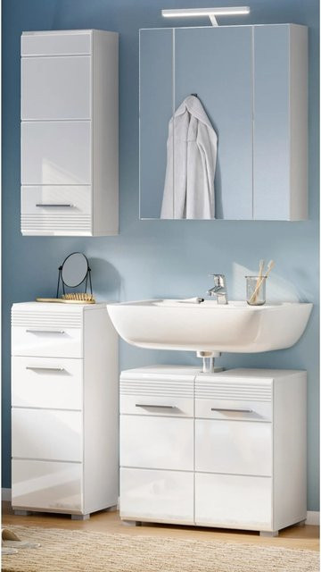 Inn.Furn Badmöbel-Set Leon in Weiß Hochglanz, 4-teilig mit Spiegelschrank, Hängeschrank, Kommode und Waschbeckenunterschrank, Breite: 105 cm - Bild 1