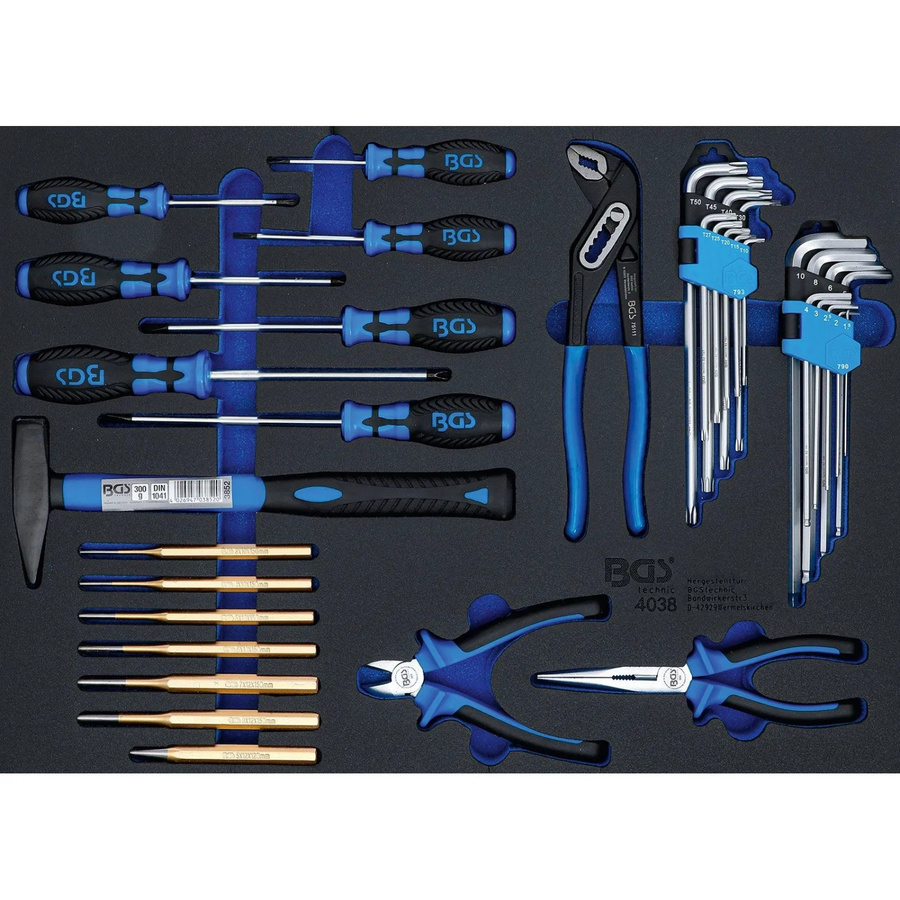 BGS Werkstattwageneinlage 3/3 mit 36-teiligem Hammer-, Zangen- und Schraubendreher-Set aus Chrom-Vanadium-Stahl in Schwarz und Blau - Bild 2