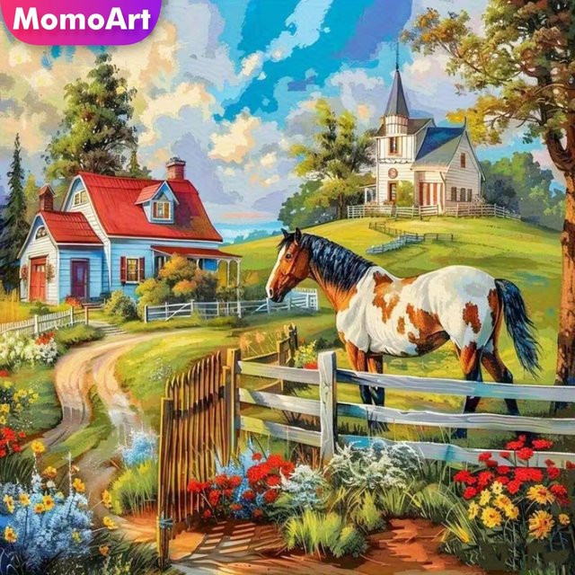 Momoart Diamantmalerei Set Haus-Landschaft mit Pferd und Bauernhof in Multicolour als DIY Diamant-Mosaik und Kreuzstich-Set für dein Kunsthandwerk im Wohnzimmer - Bild 1