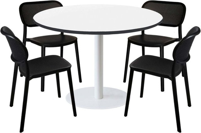 RestooTab Esstisch-Set Rome XL mit 4 Stühlen, runder Esstisch in Weiß und Schwarz mit schwarzem Gestell, Durchmesser: 120 cm, Höhe: 75 cm - Bild 1