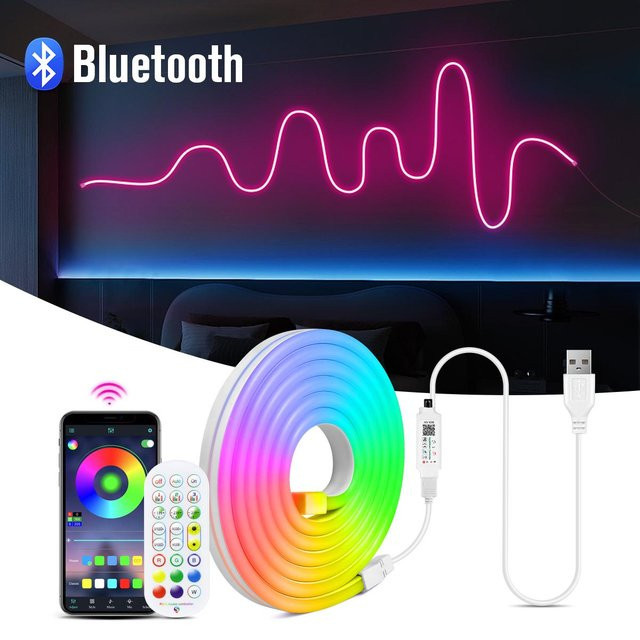 MALITAI RGB Neon LED Streifen mit Bluetooth App und Fernbedienung, Wasserdichtes LED Neon Flex Band für TV und Zimmer Dekoration, Multicolour, 3m - Bild 1