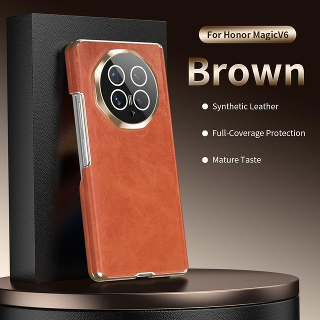 Honor Magic V6 Luxus Leder Handyhülle mit Ständer und Stoßschutz in Braun - Bild 1