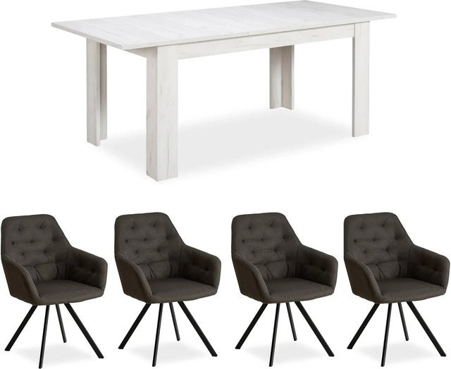 Homestyle4u Essgruppe im Landhausstil mit Tisch und 4 Polsterstühlen in Weiß, erweiterbar - Bild 1