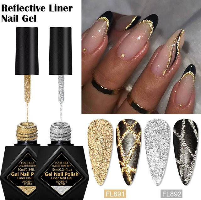 Four Lily Glitter Liner Gel Nagellack Set, Gold Silber, 10 ml, Unisex - Bild 1