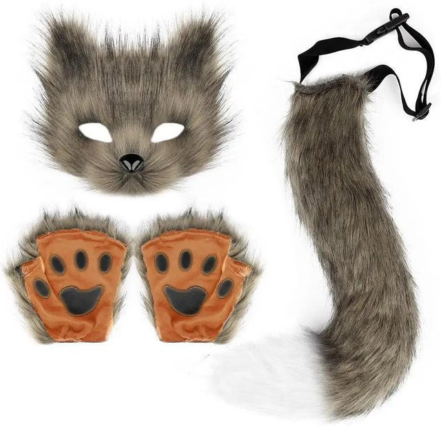 YIRAN Katzenkostüm Zubehör Set, Wolfskralle Handschuhe mit Halbmaske, Grau - Bild 1