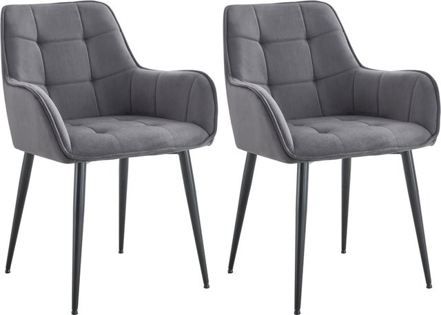 CLP 2er Set Esszimmerstühle Ferndale mit Samtbezug und Armlehnen in Grau, gesteppte Sessel mit Metallbeinen im modernen Design - Bild 1