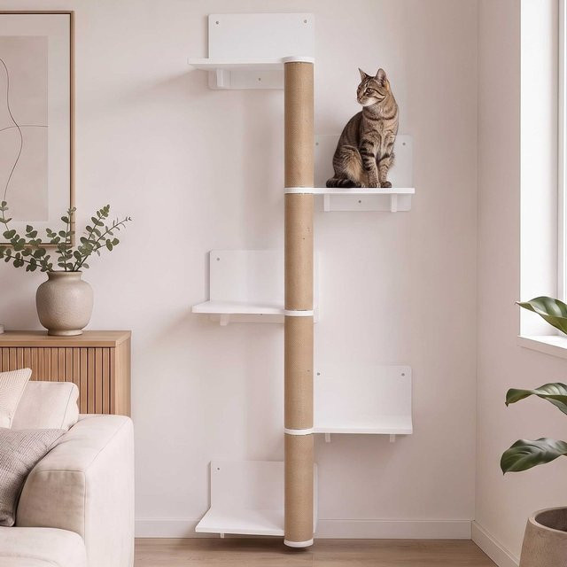 MCW Katzenwand Kletterwand MCW-Q58 mit 5 Stufen aus Holz in Weiß, H x B x T: 147 x 62 x 27 cm - Bild 1