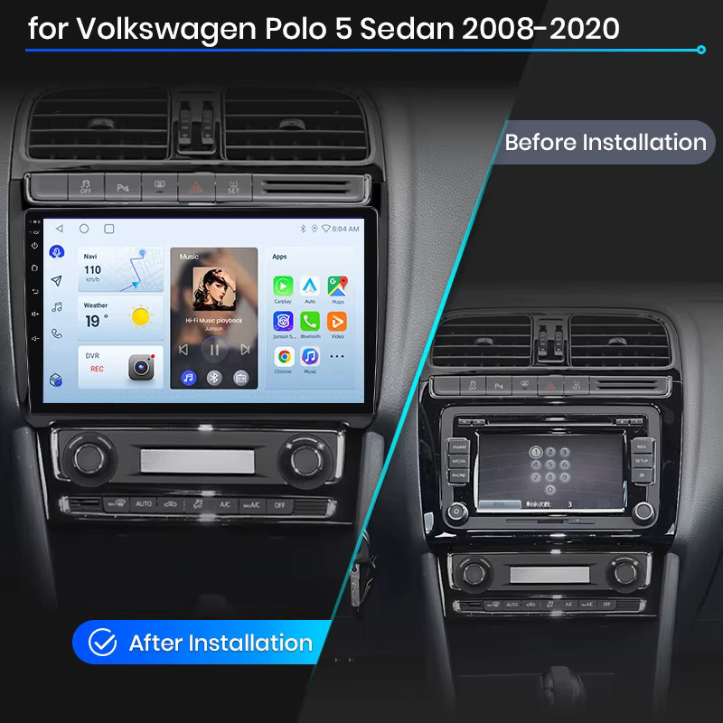 Junsun Kabelloses CarPlay und Android Auto Autoradio für Volkswagen Polo Mk5 Typ 6R/6C 2009-2017 mit GPS Navigation, WiFi, Bluetooth und DSP in Schwarz - Bild 2