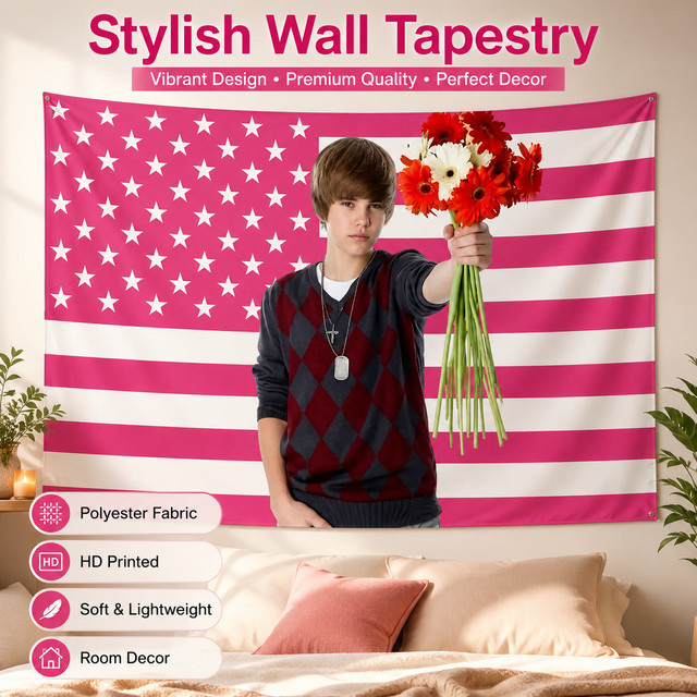 PopStarFan Wandbehang Justin Bieber Pink American Flag Banner mit Sternen, Textil, Breite: 60 cm, Höhe: 40 cm - Bild 1