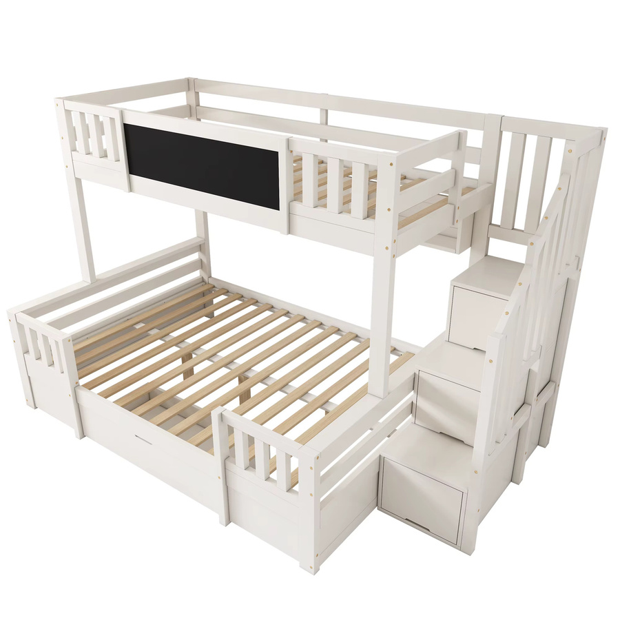 KOMHTOM Massivholz Etagenbett für Kinder in Weiß mit Kreidetafel, Treppe mit Stufen und Schubladen, B/T/H: 90 x 200 cm - Bild 2