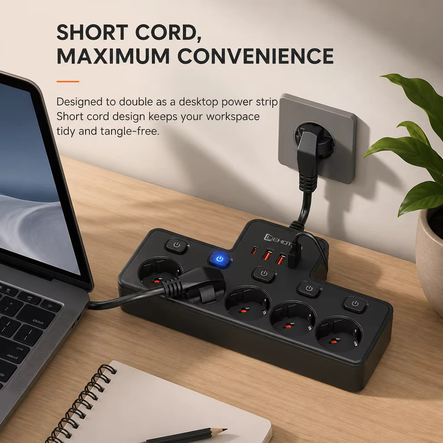 Lehotpia Steckdosenleiste mit Netzwerkfilter und USB-C-Ladefunktion, 2500 W, mit unabhängigen Schaltern und Wandmontage, EU-Stecker Standard - Bild 4