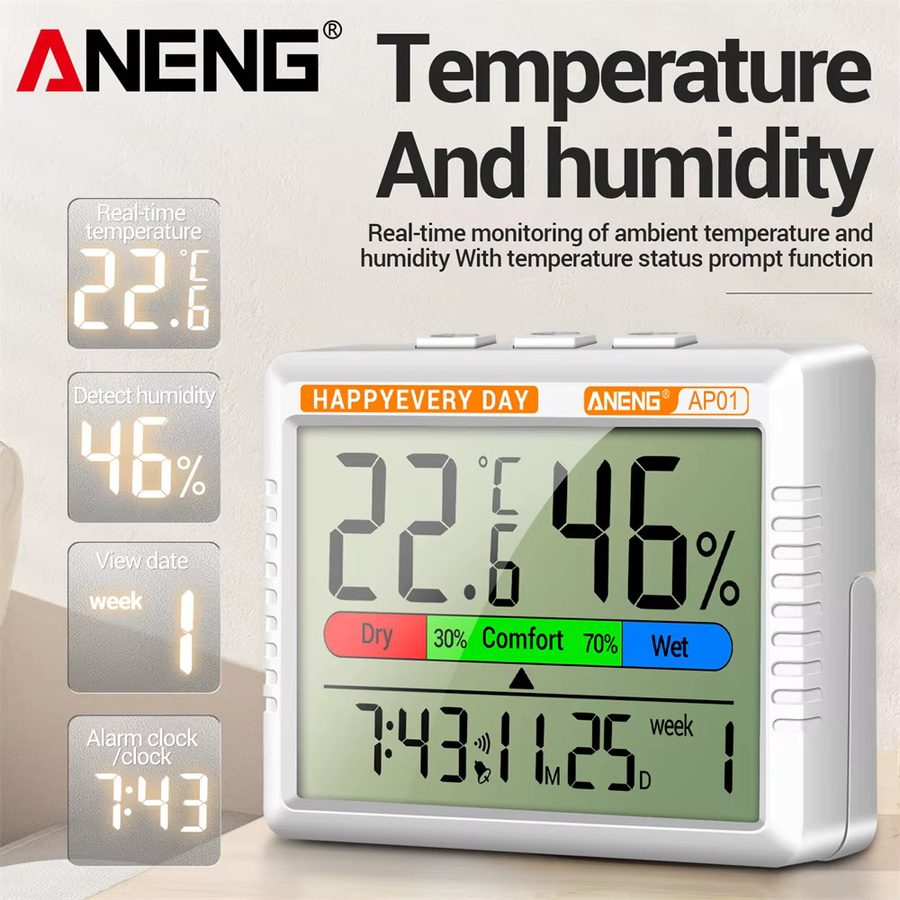 ANENG AP01 Digitales Temperatur-Hygrometer mit LCD-Anzeige, Mini Tragbare Innen-Wetterstation in Weiß - Bild 2