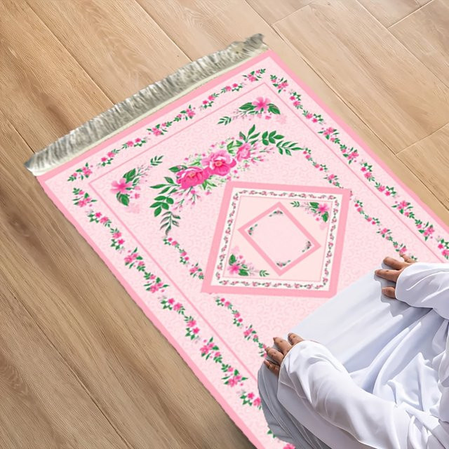 VIKAMA Gebetsteppich Rosa mit floralem Design, tragbare muslimische Gebetsmatte für Indoor und Outdoor - Bild 1