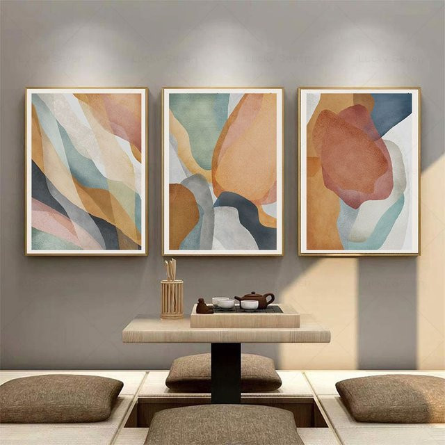 Potdemiel Boho Abstrakte Wandkunst Leinwand Poster mit Farbblock-Malerei und Linienkunst in Mehrfarbig für deine Wohnzimmer Dekoration - Bild 1