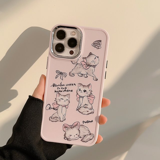 MUQGEW Stoßfeste iPhone Handyhülle mit Koreanischem Cartoon-Katzen-Design und Bowknot in Pink - Bild 1