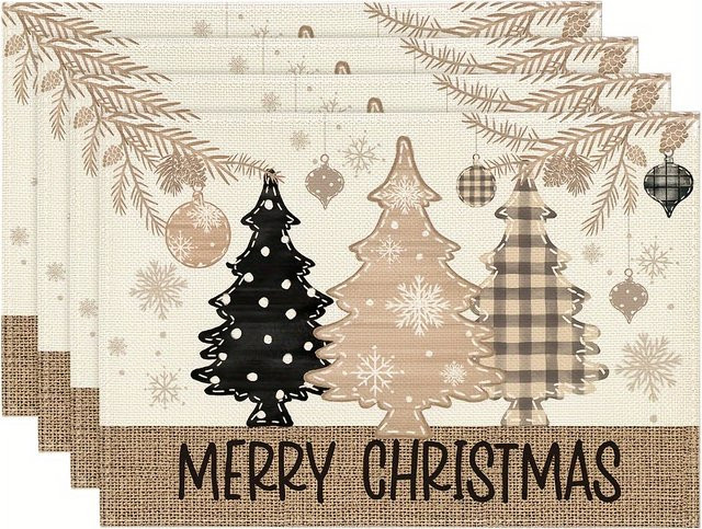 VIKAMA 4-teiliges weihnachtliches Tischset aus Leinen mit Goldrand und Tannenzapfen-Design - Bild 1