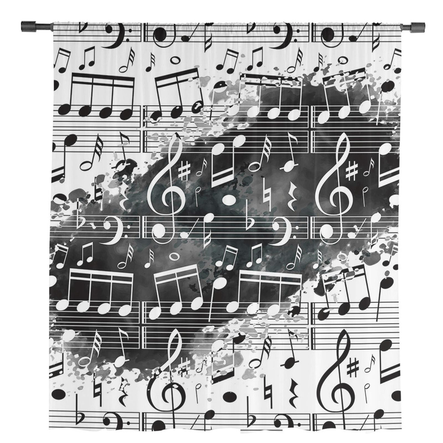 Transparente Tüll-Voile-Vorhänge mit Musik-Noten und Aquarell-Spritzer in Schwarz-Weiß, Breite: 135 cm, Höhe: 115 cm - Bild 4