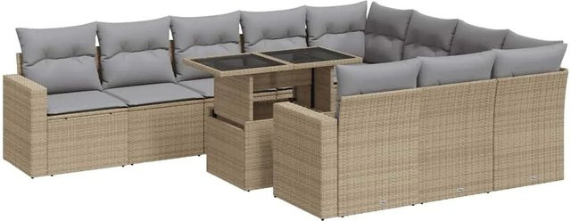vidaXL 11-tlg. Garten-Sofagarnitur in U-Form aus Poly-Rattan mit Kissen in Beige-Grau - Bild 1