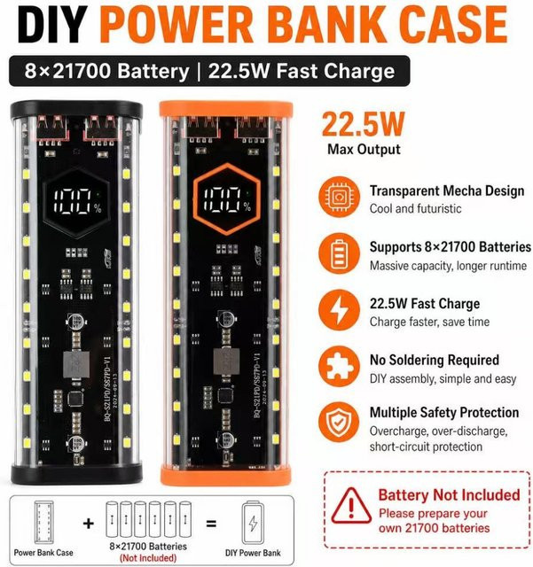 occkic DIY Powerbank-Gehäuse für 8x 21700 Batterien in Schwarz mit PD- und Blitzladung sowie USB-C Anschluss - Bild 1