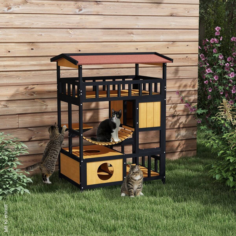 PawHut Katzenhaus aus Kiefernholz in Gelb mit Plattformen und Hängebrücke für bis zu 2 Katzen, B/H/L: 60 x 116 x 84 cm - Bild 2