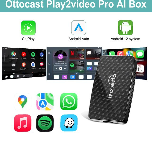 Ottocast Play2video Pro AI Box Kabelloser CarPlay und Android Auto Adapter mit 1080P Bildschirmspiegelung sowie integriertem YouTube, Netflix, TikTok und IPTV in Schwarz - Bild 1