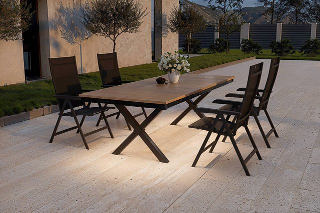 Kettler Garten-Essgruppe mit LED-Beleuchtung in Anthrazit, Tisch mit Maßen B: 240 cm, T: 100 cm, H: 75 cm und 4 Klappstühlen aus Aluminium, Holzimitat und Textilene - Bild 1