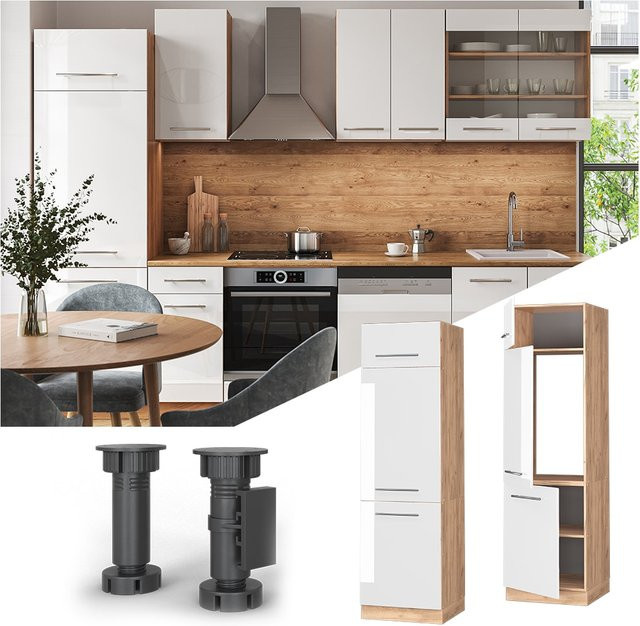 Vicco Kühlumbauschrank Fame-Line in Eiche Weiß Hochglanz mit Drehtür und Einlegeboden für die Einbauküche, Breite: 60 cm - Bild 1