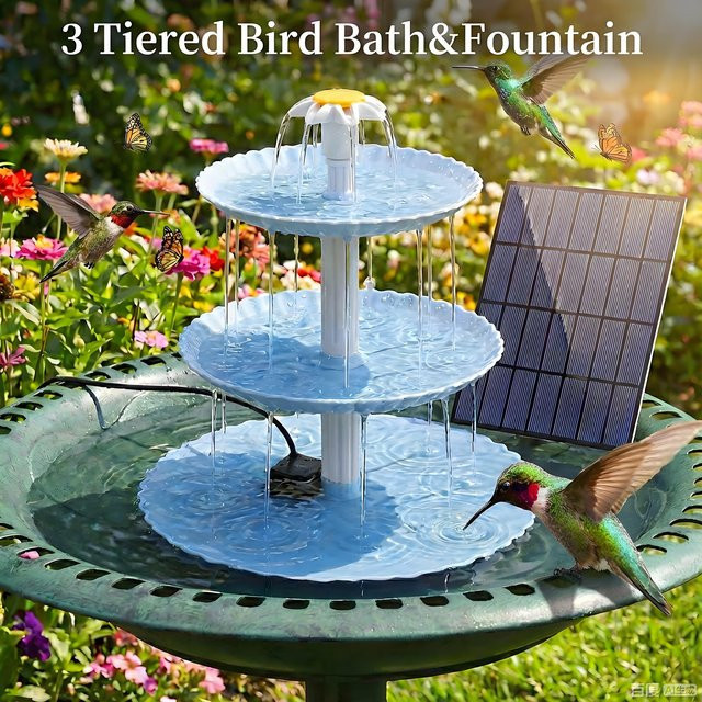 AISITIN Solarbrunnen mit 3-stufigem Wasserfall, blaues Vogelbad für den Garten, 3,5 W Solarbetrieb - Bild 1