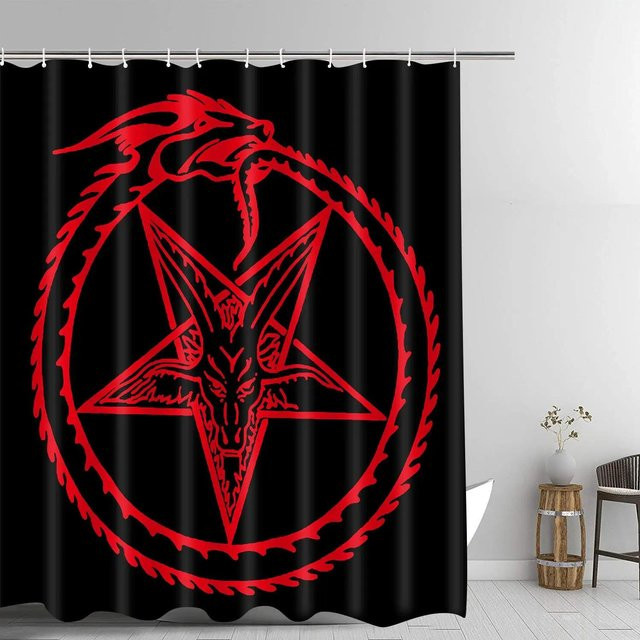 Wasserdichter Duschvorhang mit Baphomet Ziegenkopf und Pentagramm von Baifenbai Home Furnishing, Schwarz, B: 165 cm, H: 180 cm - Bild 1