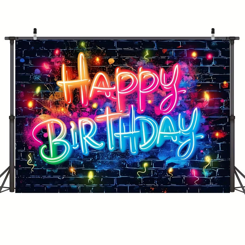 VIKAMA Happy Birthday Wandteppich in Neonfarben, dekorativer Stoff-Hintergrund für Fotoshootings und Geburtstagsdekoration, B: 100 cm, H: 70 cm - Bild 3