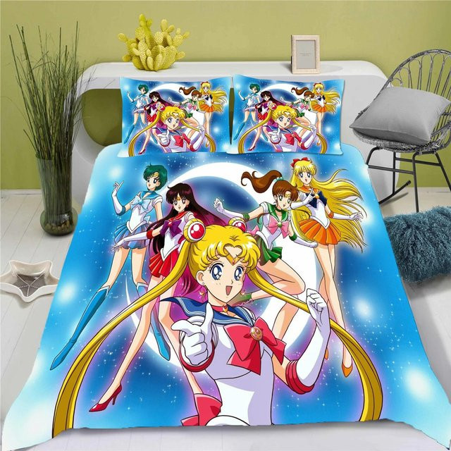 Sailor Moon Anime Bettwäscheset aus Polyester, 3-teiliges Set mit 1 Bettbezug und 2 Kissenbezügen, Multicolour, B/H: 200 x 200 cm - Bild 1