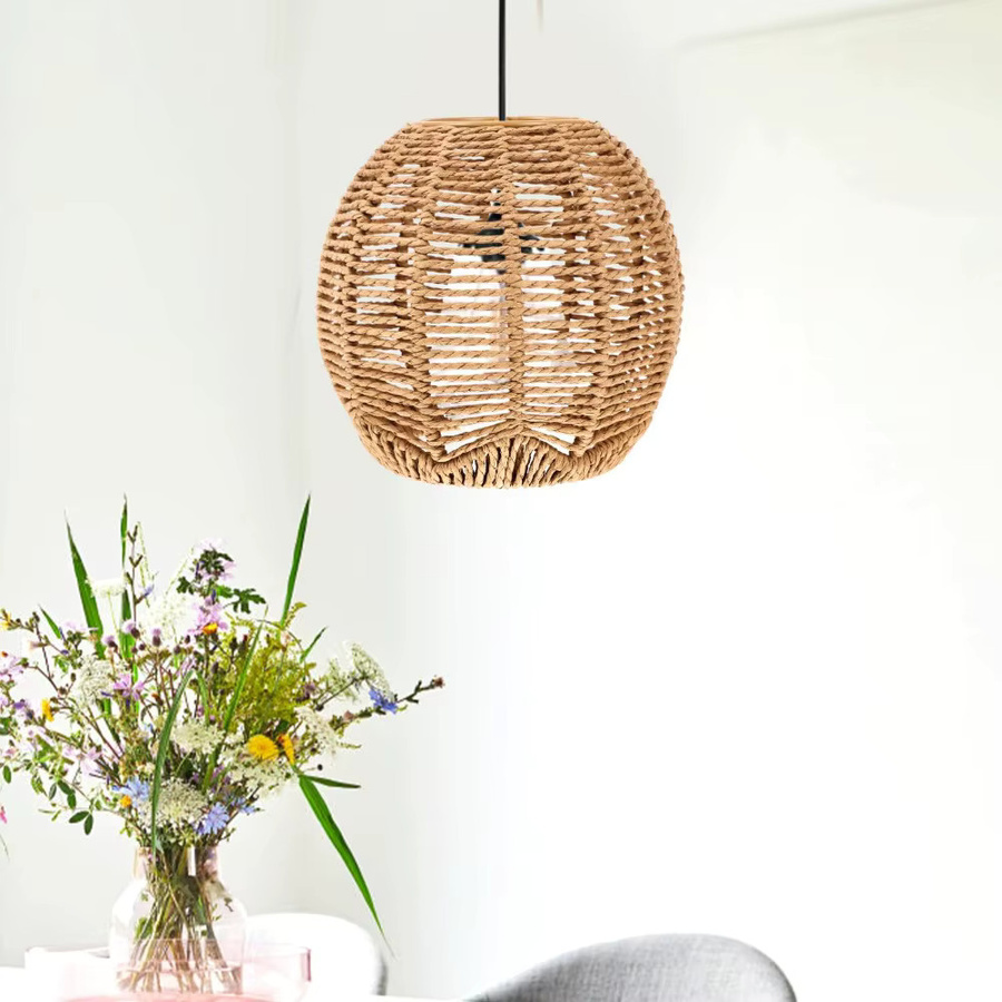 JOYINLED Boho Weiden-Lampenschirm in Beige, dekorative Kugel-Hängelampenabdeckung aus Rattan und Papier für E27/E26, Durchmesser: 15 cm - Bild 4