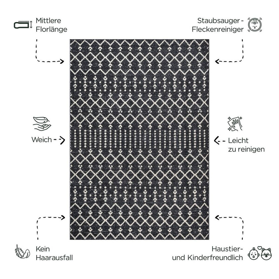 Sanat Teppich Schwarz Geometrisches BOHO Design Pflegeleicht und Fußbodenheizung geeignet Breite: 200 cm, Tiefe: 80 cm - Bild 5